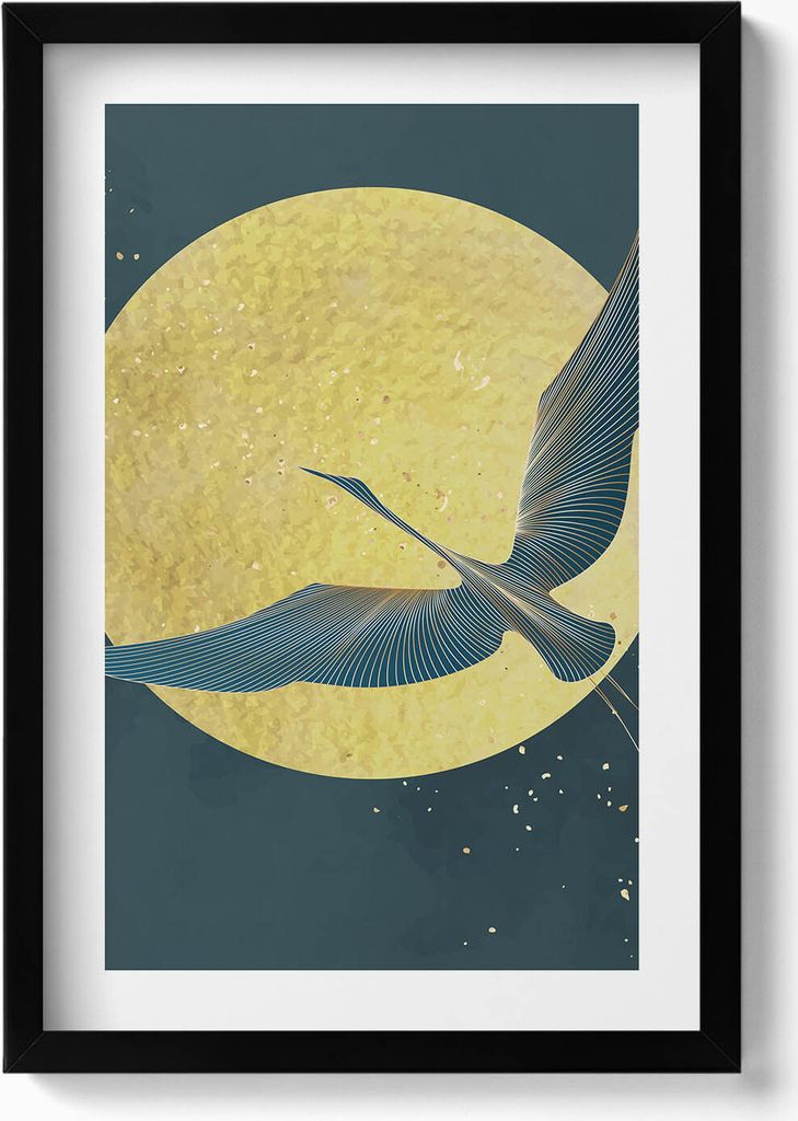 Abstrakter Kranich in der goldenen Sonne– Wandbild mit Rahmen – Gerahmtes Bild – Wanddekoration – 40x60 cm – Schwarz