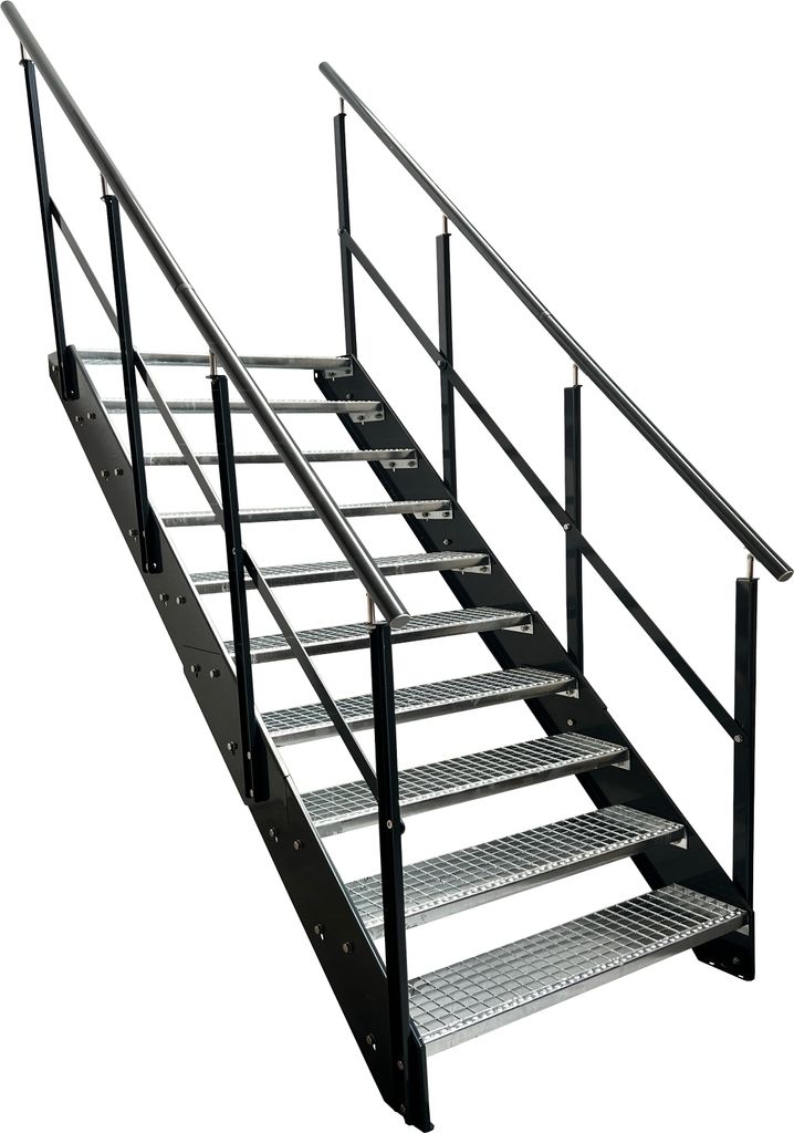 Stahl Wangentreppe Gitterroststufen 10 Stufen beidseitiges Geländer - Verzinkt & Anthrazit pulverlackierten Seiten - (B x H x T) 60 x 190 x 196 cm