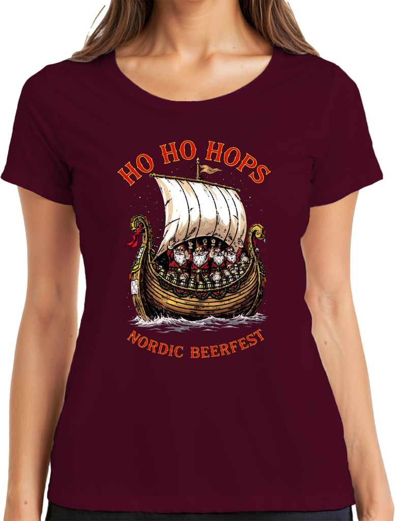 Nordic Beerfest HO HO HOPS Wikingerschiff Weihnachtsmann Damen T-Shirt, Burgundy, M