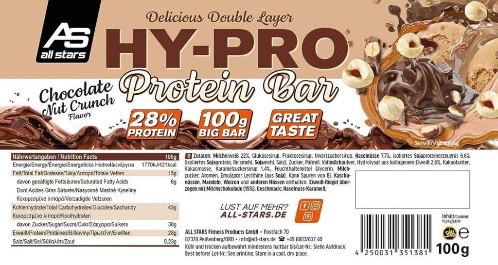 All Stars Hy-Pro Protein Bar-1x 100g Riegel Chocolate Nut Crunch