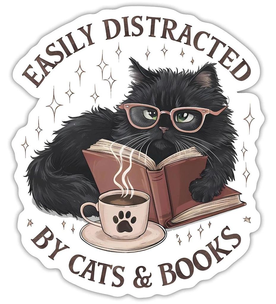 Spreadshirt Easily Distracted By Cats & Books | Leseratte Katze Sticker Aufkleber, 10 x 10 cm, Mattweiß