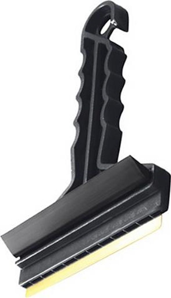 A black ice scraper with a yellow blade is shown against a white background.