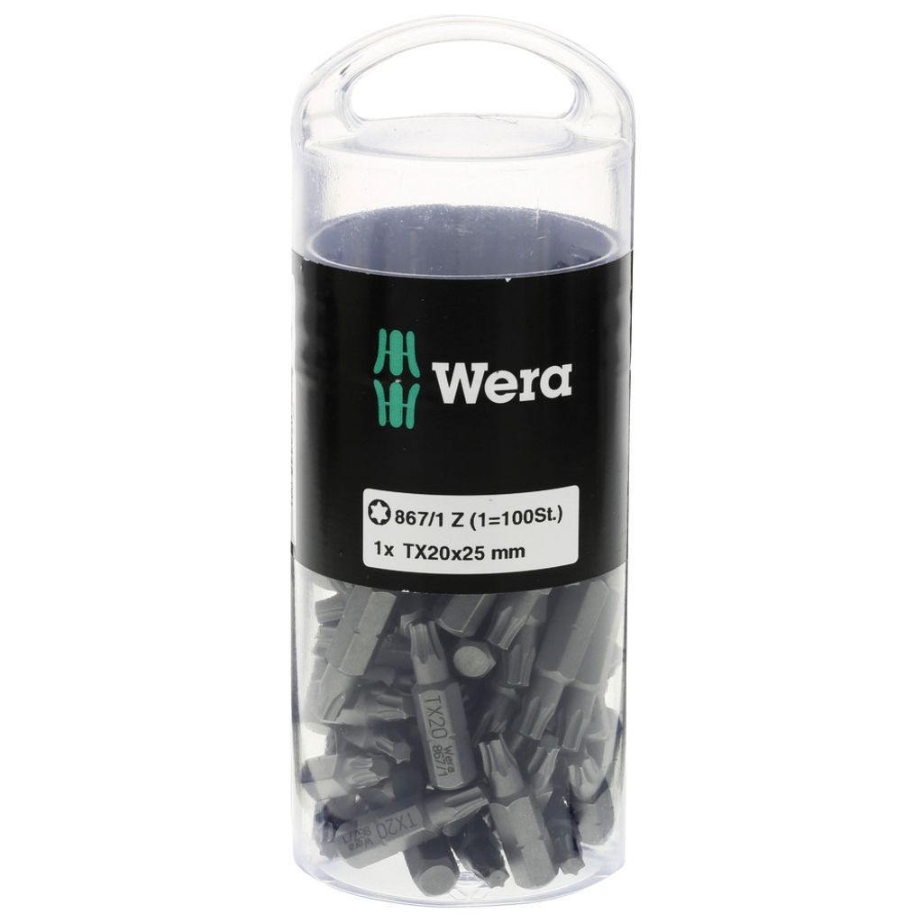 A clear, professional shot of a container of Wera brand screwdriver bits against a white background.