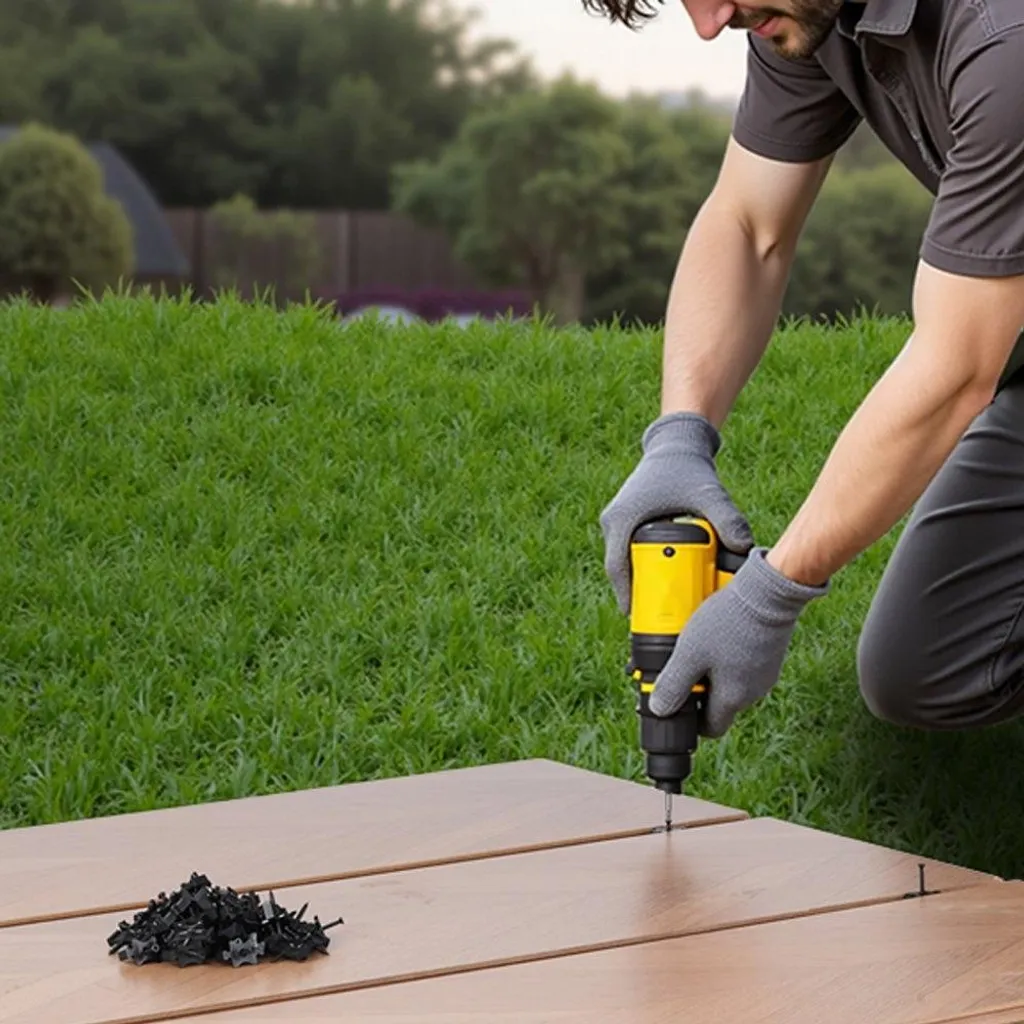 250x Elementi di fissaggio a scomparsa, distanziatori per tavole da decking, clip a T universali in materiale composito e elementi di fissaggio in plastica con viti - ideali per una distanza tra le tavole di 6,5 mm e un'altezza di 10 mm - 8