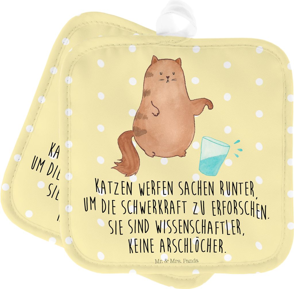 Mr. & Mrs. Panda 2er Set Topflappen Katze Wasserglas - Gelb Pastell - Geschenk, Cats, Neugierig, Cat, topfhalter, Glas, Kochlappen, Wasser, Katzen,...