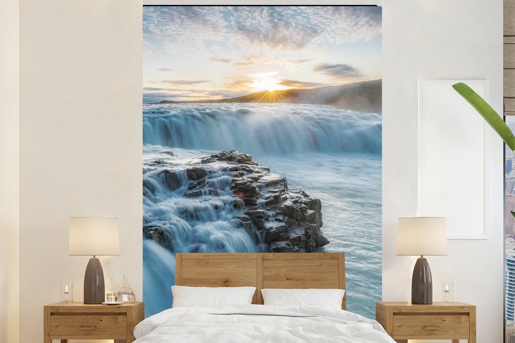 MuchoWow Fototapete für Wohnzimmer oder Schlafzimmer Wandtapete Vinyl Motivtapete Wasserfall - Wasser - Steine - Sonne - Natur - 180x280 cm - Wa...