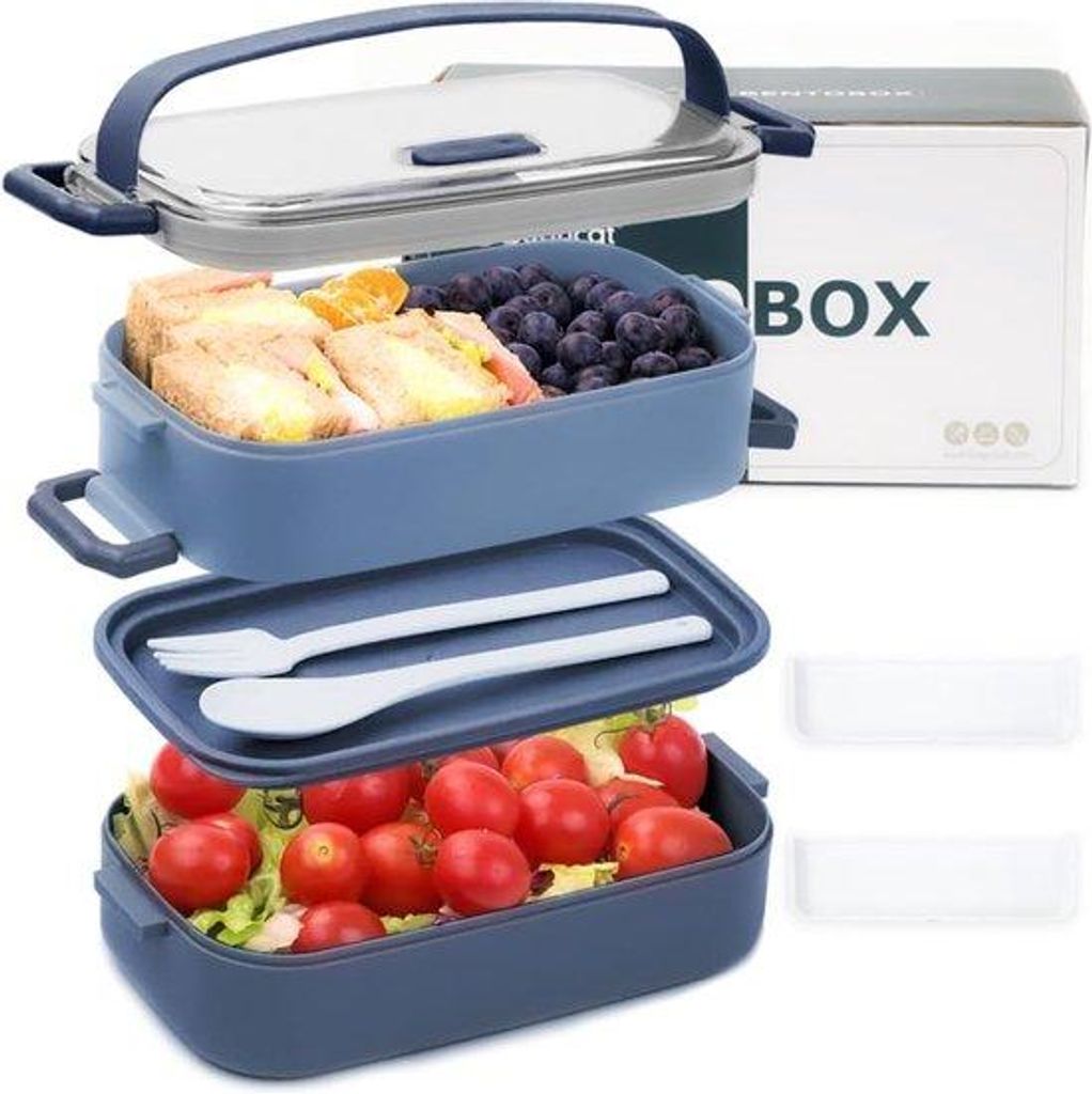 Doppelwändige PP-Lunchbox 1600 ML, 2 in 1 mit 3 Fächern, Dauerhafte Snackbox mit Löffel, für Erwachsene und Kinder, ideal für Schule, Arbeit, ...