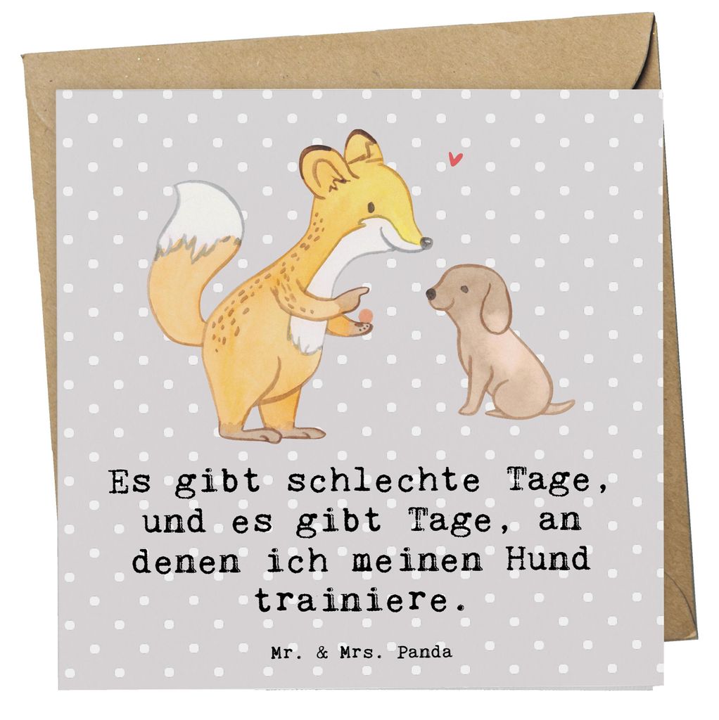 Mr. & Mrs. Panda Glückwunschkarte Fuchs Hundetraining - Grau Pastell - Geschenk, anlasskarte, Hundeprüfung, Grußkarte, Hundeschule, doppelkarte,...