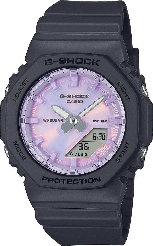 A close-up studio shot of a black Casio G-Shock watch with a purple and pink iridescent dial.