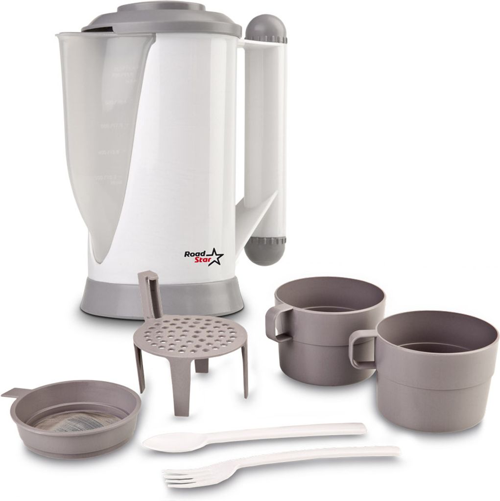 A travel kettle and accessories are displayed against a white background.