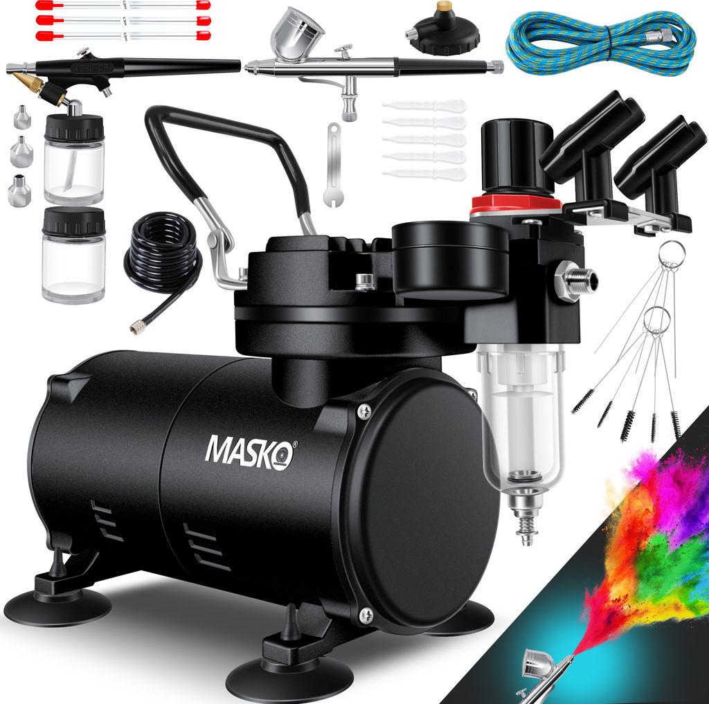 MASKO® Airbrush-Set mit Kompressor 4 bar inkl. Airbrush-Pistolen | Lackierpistole Komplett-Set Tattoo Kunst Malerei | Nadeln & Düsen im Zubehör | Multifunktions Dual-Set mit Manomter & Luftfilter