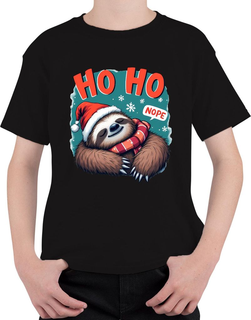 HO HO NOPE Faultier Weihnachten Weihnachtsmütze Schal Lustig Uni Kinder T-Shirt, Schwarz, 104