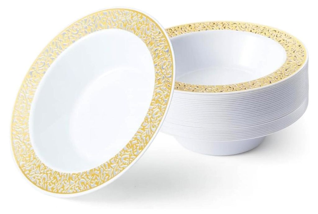20 weiße Plastikschalen mit Goldrand, Suppenteller, Suppenschalen (360 ml) - Suppenschüsseln für Hochzeiten, Geburtstage, Taufen, Weihnachten, P...