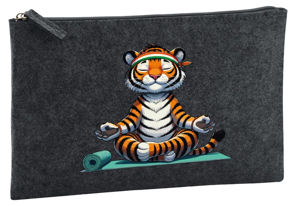 Huuraa Kulturbeutel Yoga Tiger Comic 1 Liter Charcoal Filz Kosmetiktasche Geschenkidee
