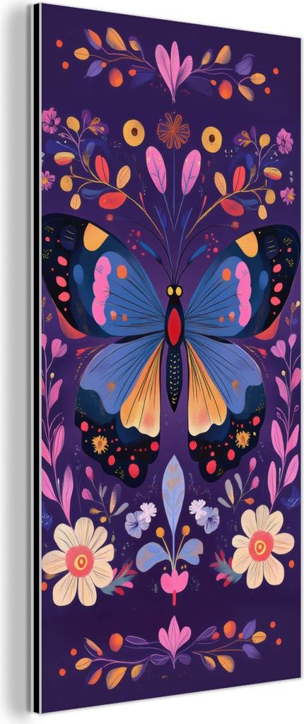 MuchoWow Wanddekoration Metall Metallbild Wandkunst 20x40 cm Verschnörkelt - Blumen - Schmetterling - Lila MuchoWow Aluminium Gemälde - Aluminium...