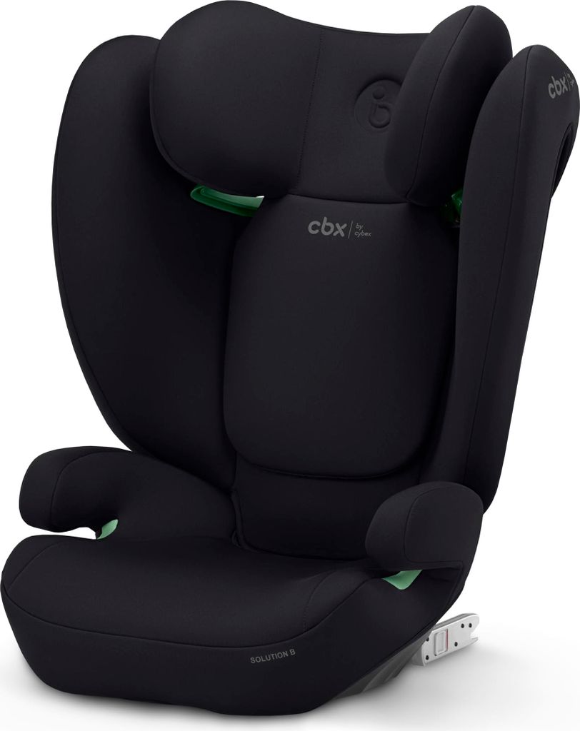 A black child car seat is shown against a white background.