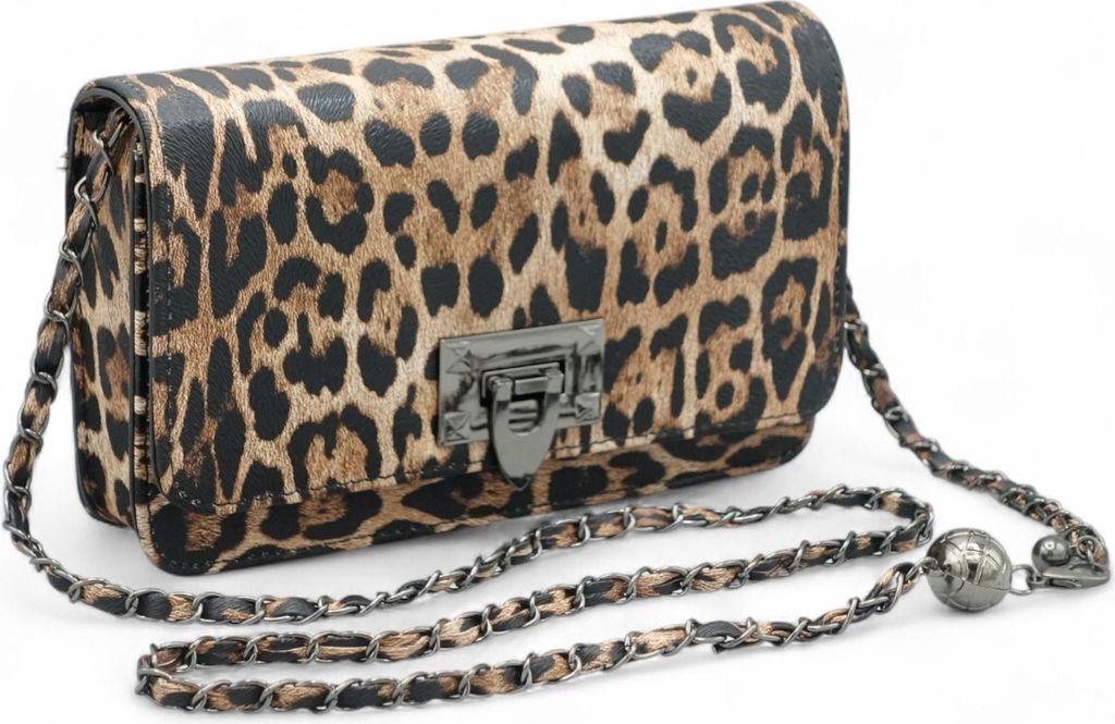 Léona – Damen Umhängetasche Leo-Print mit Kettenriemen aus Produktbild 