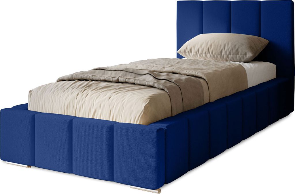 Polsterbett Menos 90x200 cm, Bett mit Kopfteil, Bettkasten und Lattenrost aus Holz, Velourstoff: Dunkelblau