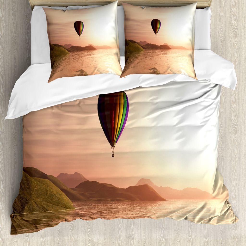 ABAKUHAUS Heißluftballon Bettbezug Set für Einzelbetten, Sonnenuntergang-Landschaft, Milbensicher Allergiker geeignet mit Kissenbezug, 200 cm x 2...