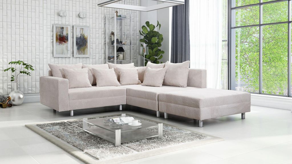 Wohnlandschaft Sofa Couch Ecksofa Eckcouch Cordstoff beige Produktbild 