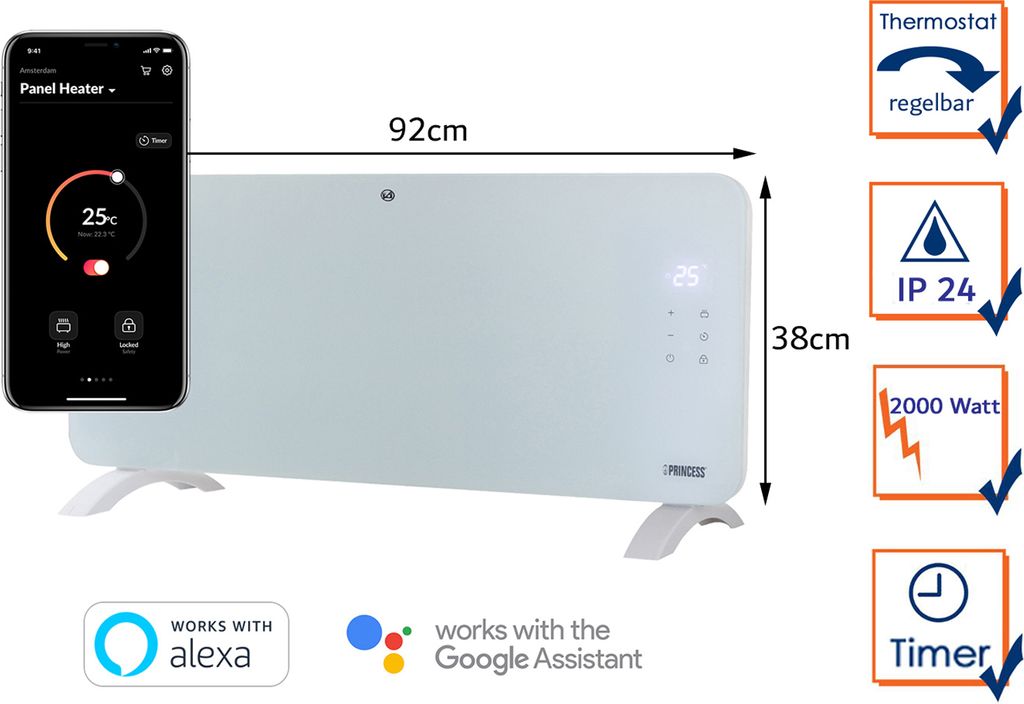 A white glass panel heater is shown with a smartphone displaying its app interface, along with feature callouts and dimensions.