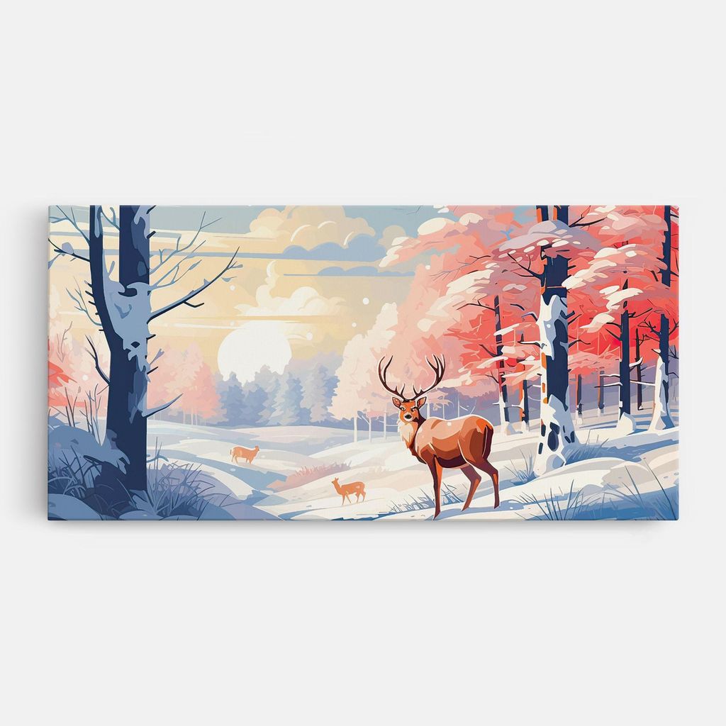 ARTHUB Leinwandbild 50x100 cm, Winter Deer Art | Wohnzimmerdekoration, Hängende Bilder, Wanddekoration, Heimdekoration, Landschaften, Winter