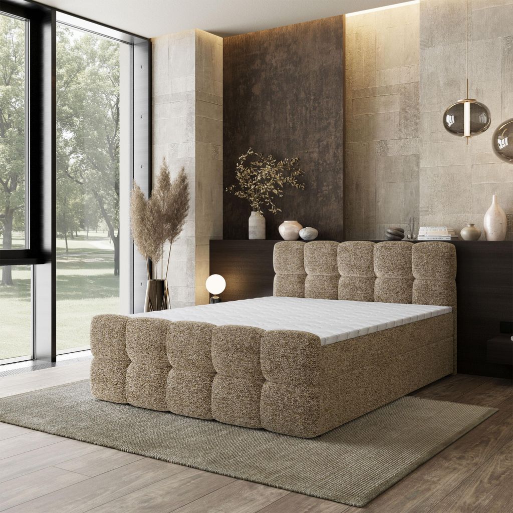 Masseno Boxspringbett BRUME 140x200 cm Komplett-Set mit Bonell Matratze und Topper, Polsterbett mit Bettkästen -Beige, BELLA 10