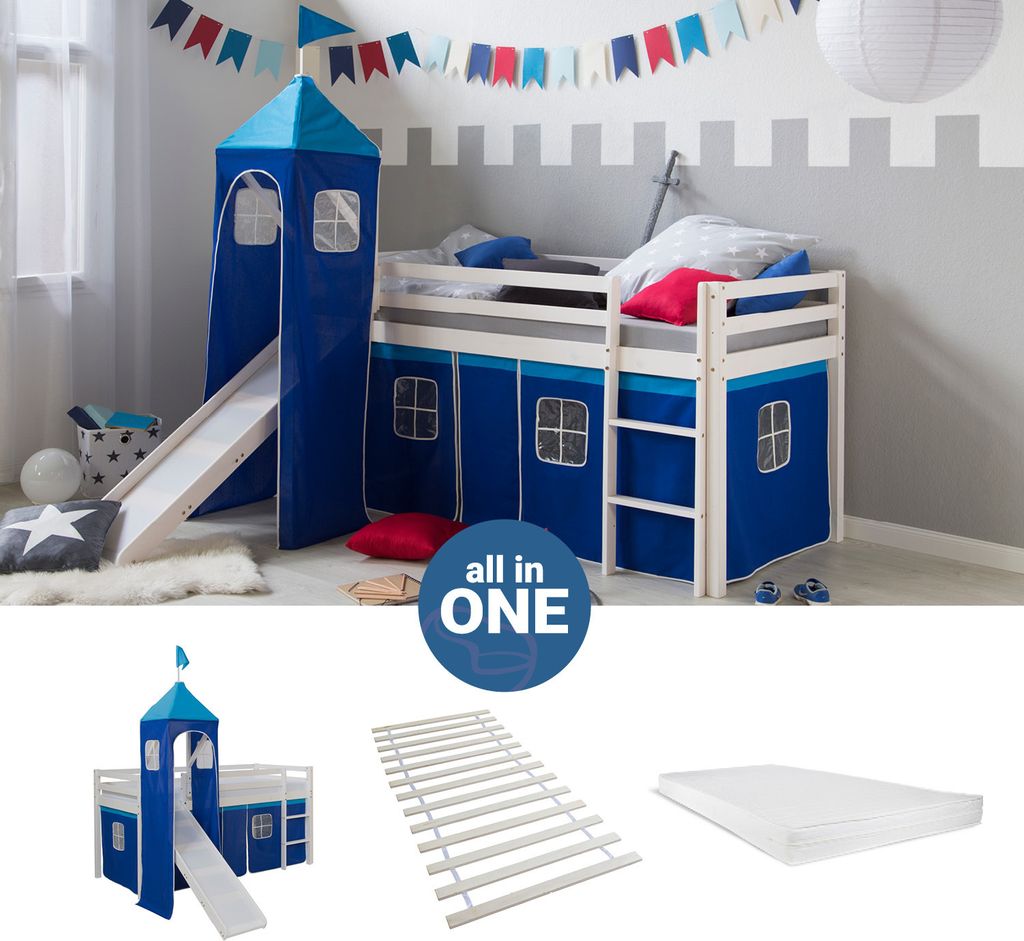 Homestyle4u Hochbett 90x200 Set mit Matratze Standard 100 Turm Rutsche Vorhang Blau Junge Kinderbett Weiß Holz Kiefer Massiv Lattenrost Spielbett