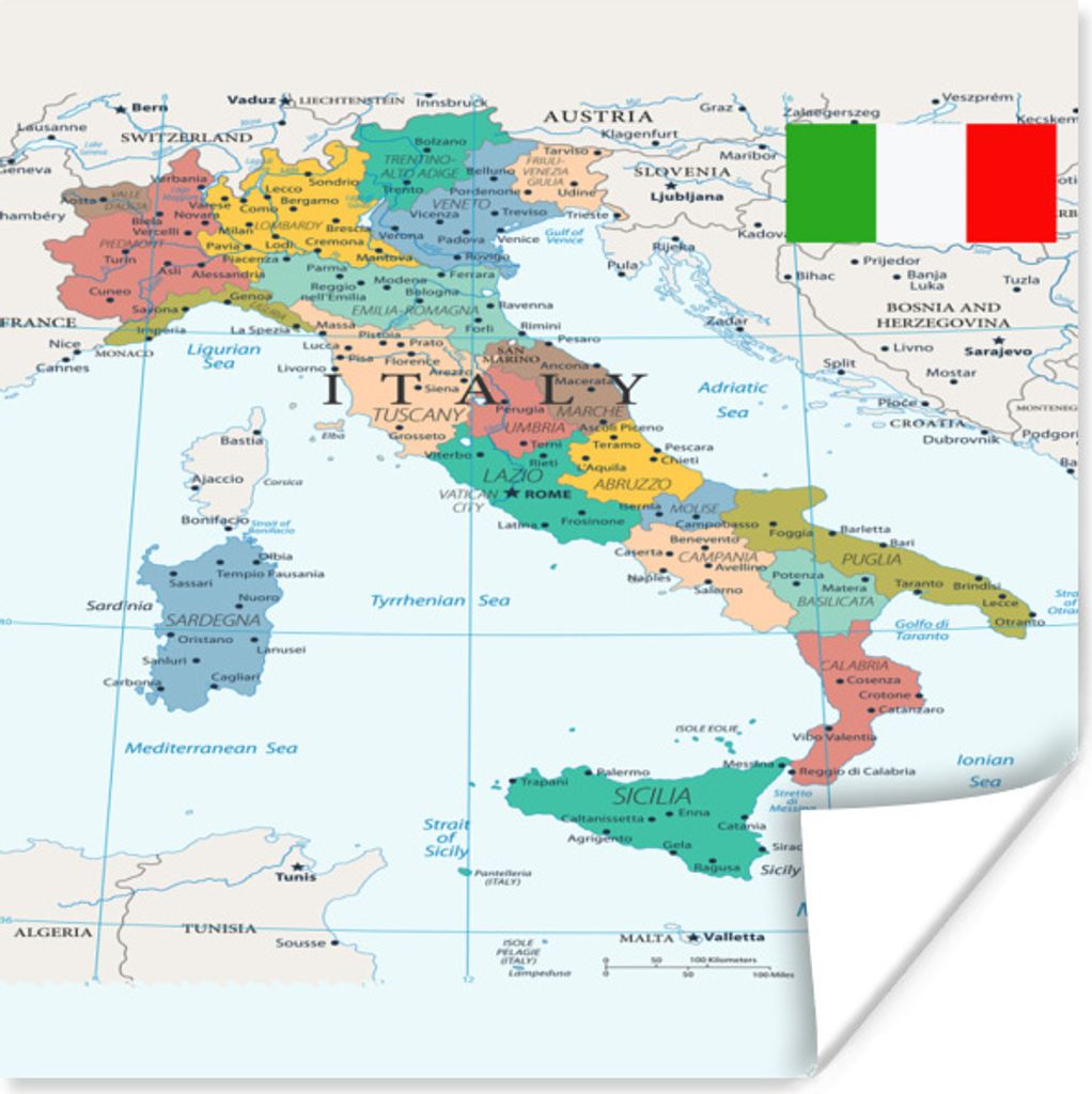 MuchoWow Poster Karte von Italien 100x100 cm - Babyzimmer