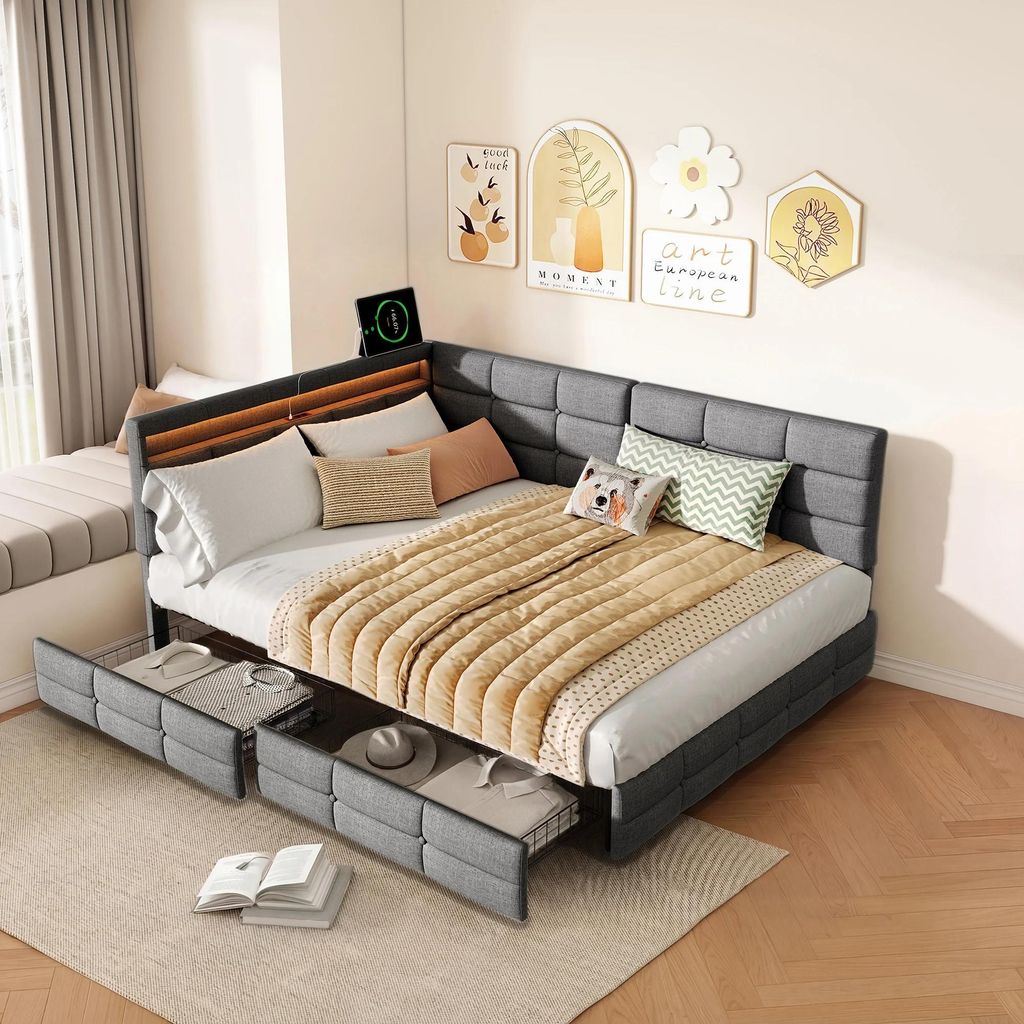Polster Schlafsofa Bett - Jugendbett 140x200 cm - 2 Schubladen Stauraum - LED Beleuchtung - USB Ladeanschluss - Samtbezug - Grau