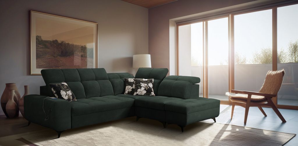 Eckcouch L-Form Wohnzimmer Sofa mit Bettfunktion GOLD VII Farbe Grün Stoff WAVE 12 Ottomane Rechts IM Sofa