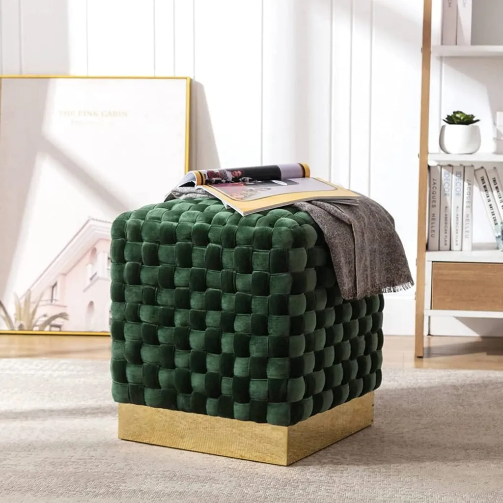 Siège d'Appoint Salon - Pouf Velours Vert et Or - Confort Moderne