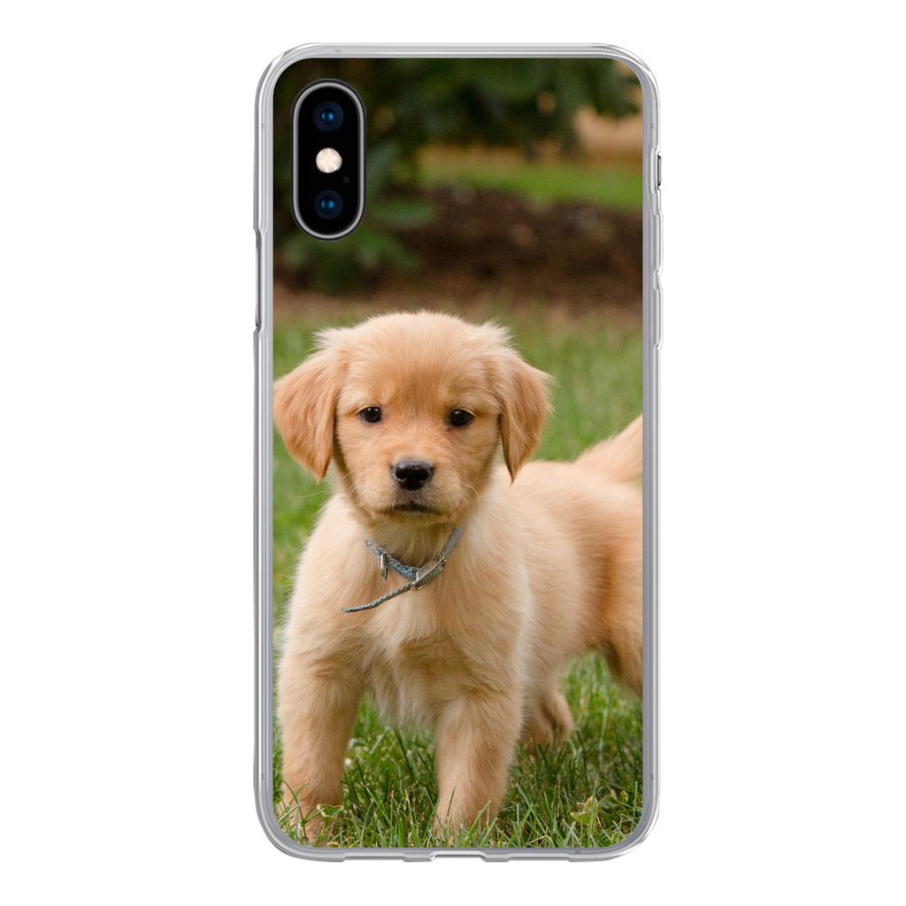 MuchoWow Handyhülle Schutzhülle Hülle für iPhone X Golden Retriever Welpe im grünen Gras Silikon Softcase Handy Hülle - Handyhülle