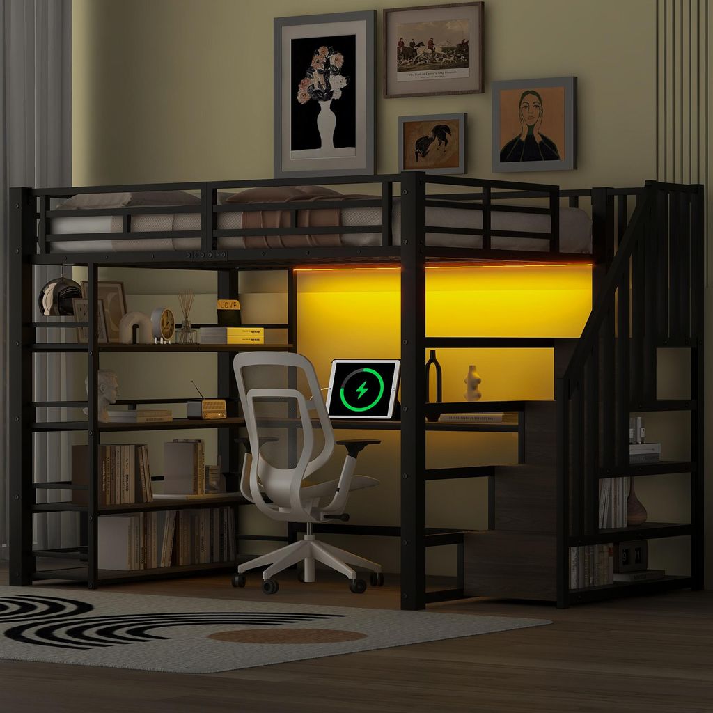 140x200 Metall-Hochbett mit Treppe, integriertem Schreibtisch, Staufächern, USB-Ladestation und LED-Licht, Schwarz