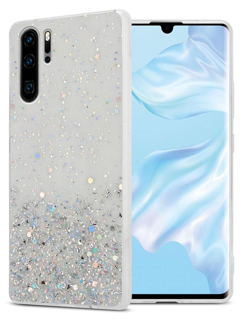 A phone case with glitter is shown next to a smartphone.