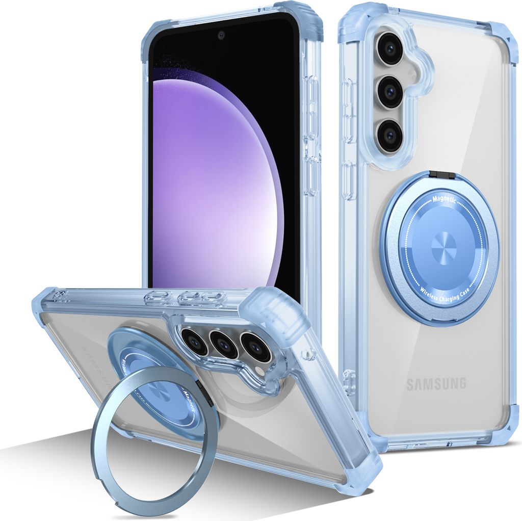Handyhülle für Samsung Galaxy S23 FE Magnetisches Ringhalter Ständer Kompatibel mit Magsafe Militärschutz Transparente Hülle Blau
