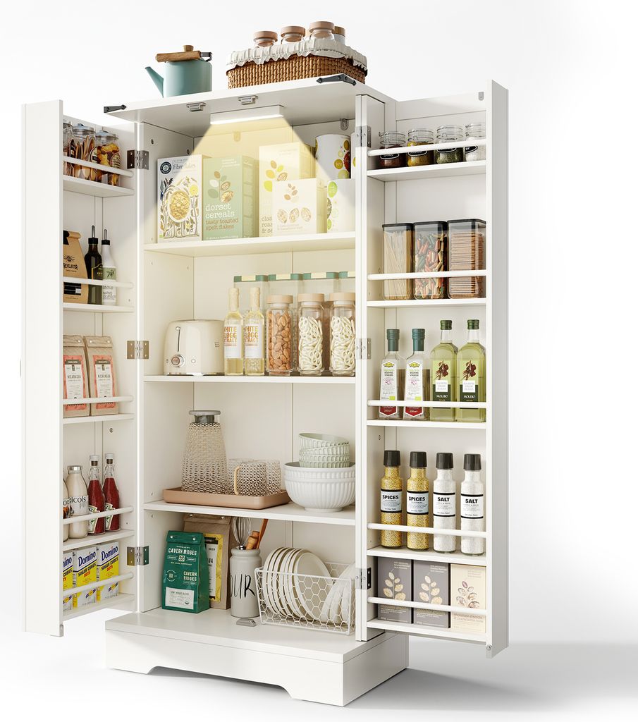 A white kitchen pantry cabinet filled with various food items, dishes, and kitchenware. The cabinet has LED lighting illuminating the shelves.