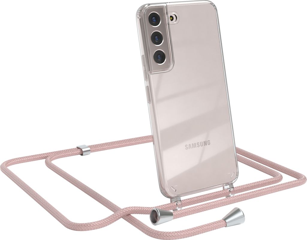 EAZY CASE Handykette kompatibel mit Samsung Galaxy S22 5G, Handyhülle mit Umhängeband, Handykordel, Schutzhülle Clear, Band in Rosa