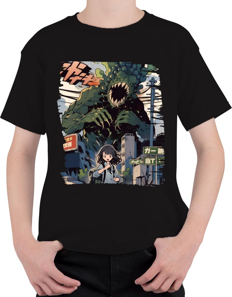 Kaiju Angriff Schulmädchen Monster Apokalypse Stadt Anime Manga Uni Kinder T-Shirt, Schwarz, 104