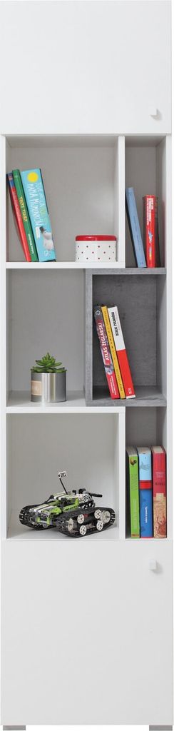 Furniture24 Regal Sigma SI - 6 Standregal, Bücherregal mit 2 Türen, Schrank, Hochschrank Weiß Lux/Beton