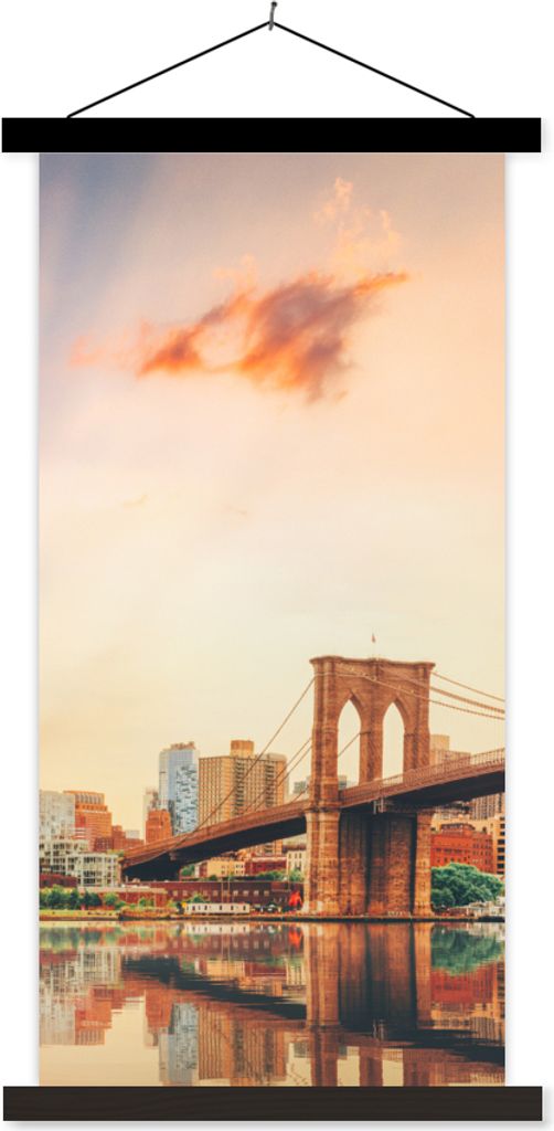 MuchoWow Textilposter New York - Brooklyn - Brücke - Sonnenuntergang 90x180 cm mit schwarzem Rahmen - Dekoration Wohnzimmer
