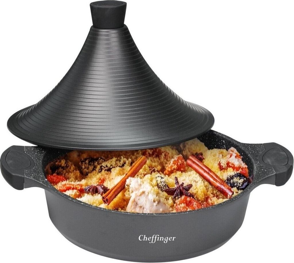 Aluguss Tajine Tagine Ø32cm Induktion Silikongriffe Gartopf Dampfgarer Bräter Schwarz
