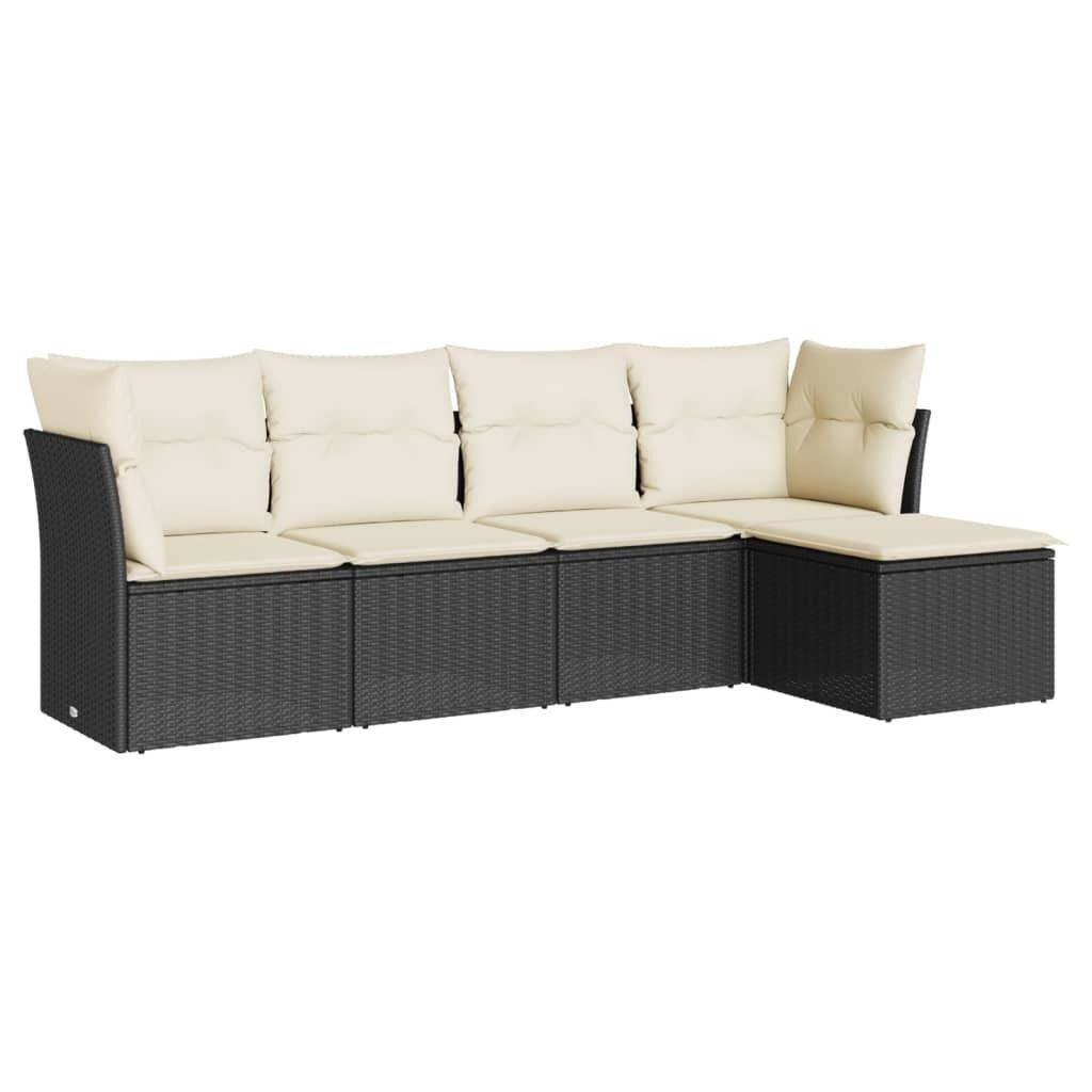 Modulares Gartenmöbel-Set, 5-teilige Lounge-Sitzgruppe mit Stauraum, PE-Rattan Schwarz, Cremeweiße Kissen, UV-beständig, 234 x 117 x 69 cm