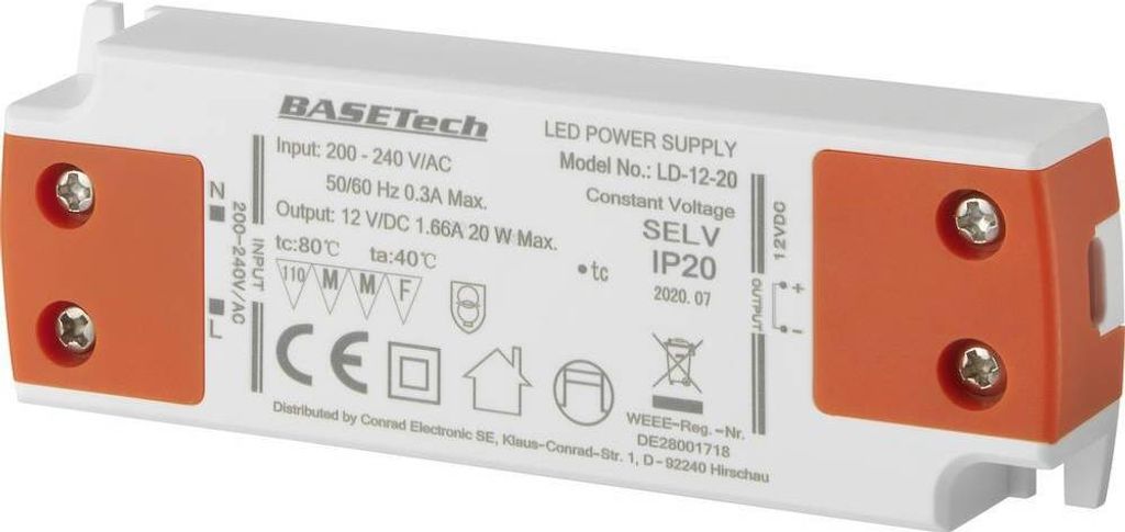 Basetech LD-12-20 LED-Trafo Konstantspannung 20 W 1.66 A Möbelzulassung, Überspannung, Montage auf entflammbaren Oberfl