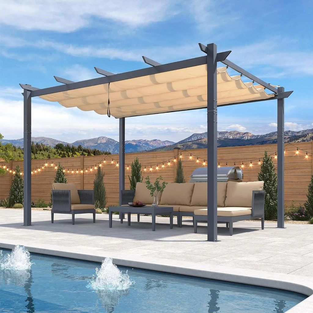 PURPLE LEAF Pergola 3x4 m stabil, Alu Garten Pavillon mit Schiebedach, Terrassenüberdachung Dunkelgrau Rahmen mit Sonnenschutz Überdachung, Beige