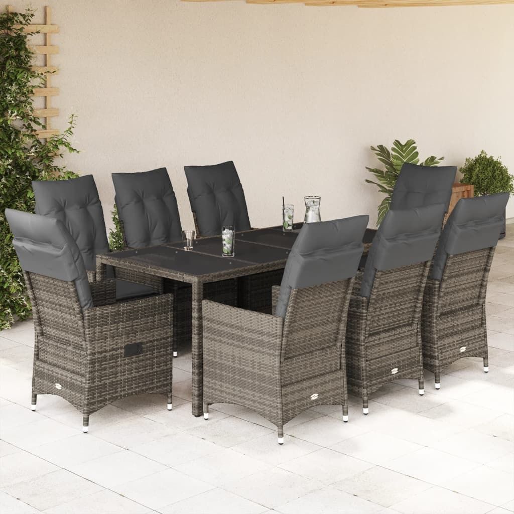 "2026 Promotion" 9-tlg. Garten-Essgruppe - mit Tisch und Stühlen - mit Kissen - Grau Poly Rattan - Gartenmöbelset CC13509