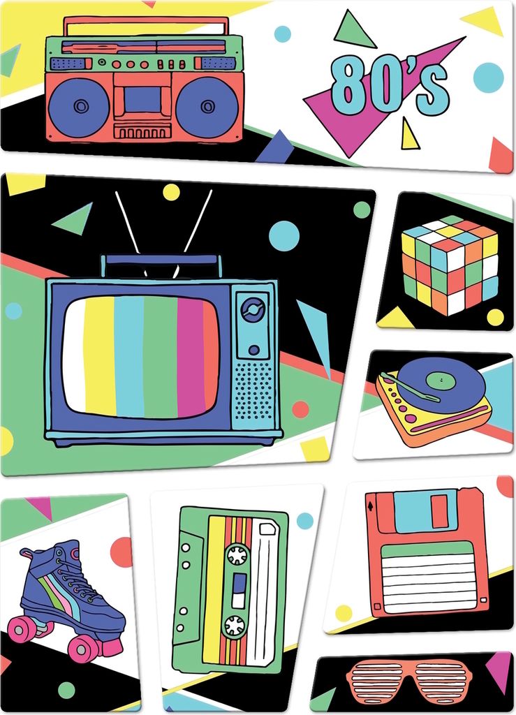 Retro Kühlschrankmagnete 8er Set zum Thema 80er Rollschuhe Diskette Zauberwürfel