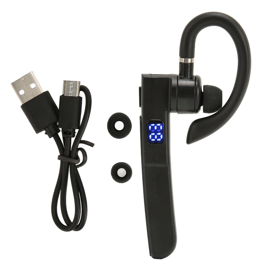 A black Bluetooth earphone set with accessories on a white background.