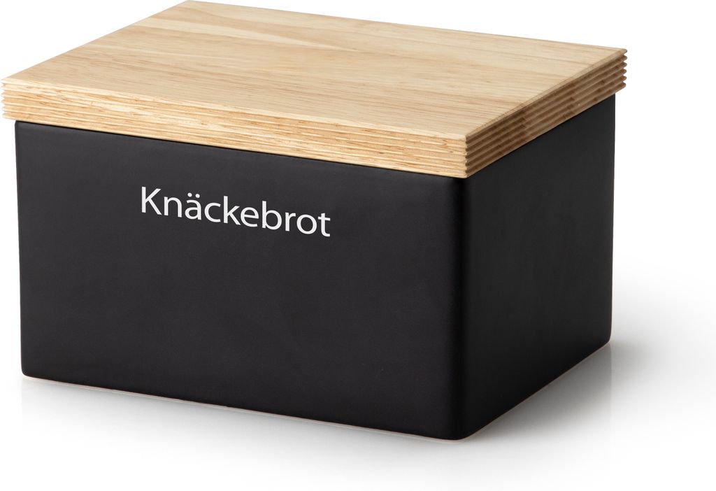 Continenta Vorratsdose mit Holzdeckel, Aufbewahrungsbehälter, Vorratsbox, Keramik / Gummibaumholz, Schwarz, 17.5 x 13.5 x 11 cm, 3750