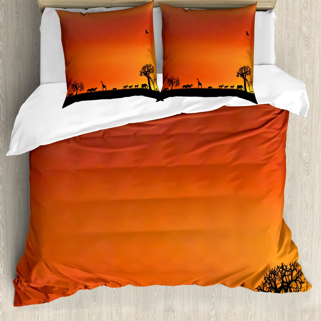ABAKUHAUS Africa Copripiumino, Safari Tramonto con gabbiano, Antiacaro Adatto a chi soffre di allergie Con federe, 200 cm x 200 cm - 80 x 80 cm, Arancione bruciato Nero